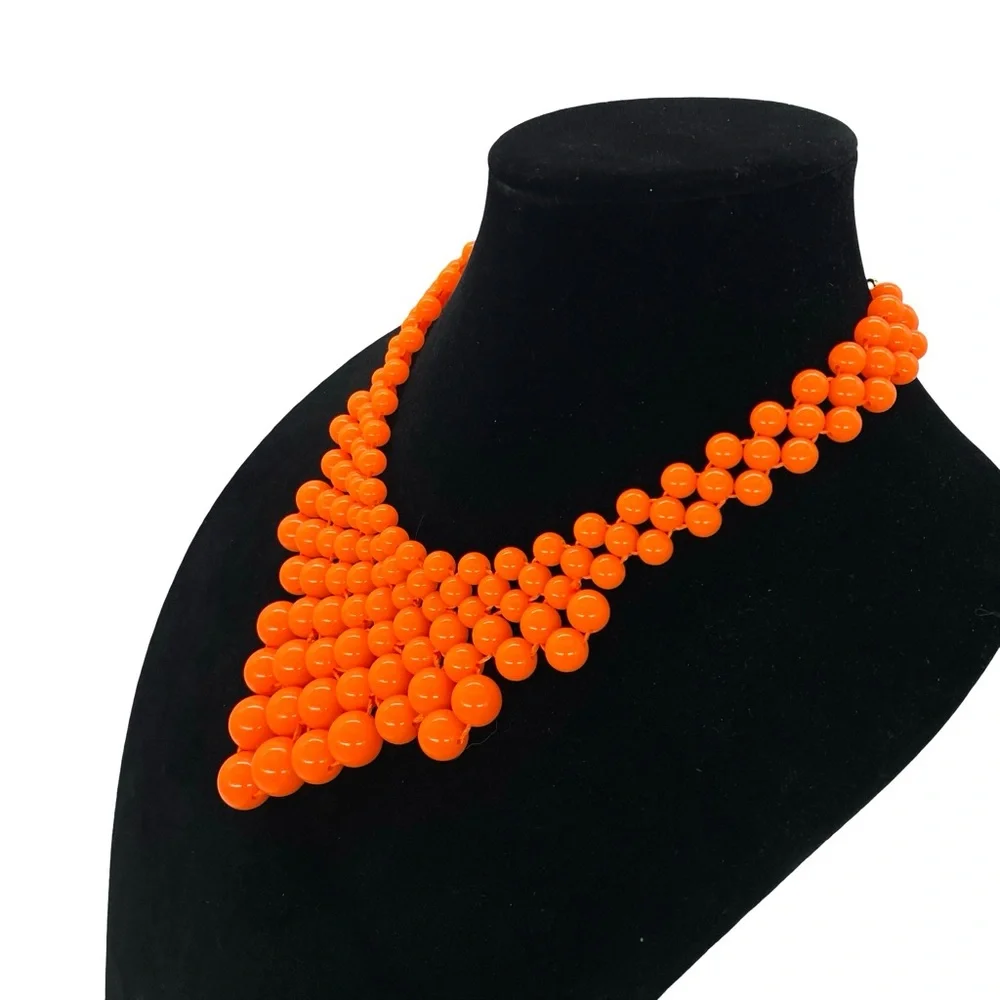 Amrita Singh Orange Beaded Bib Statement Necklace Retro Mod